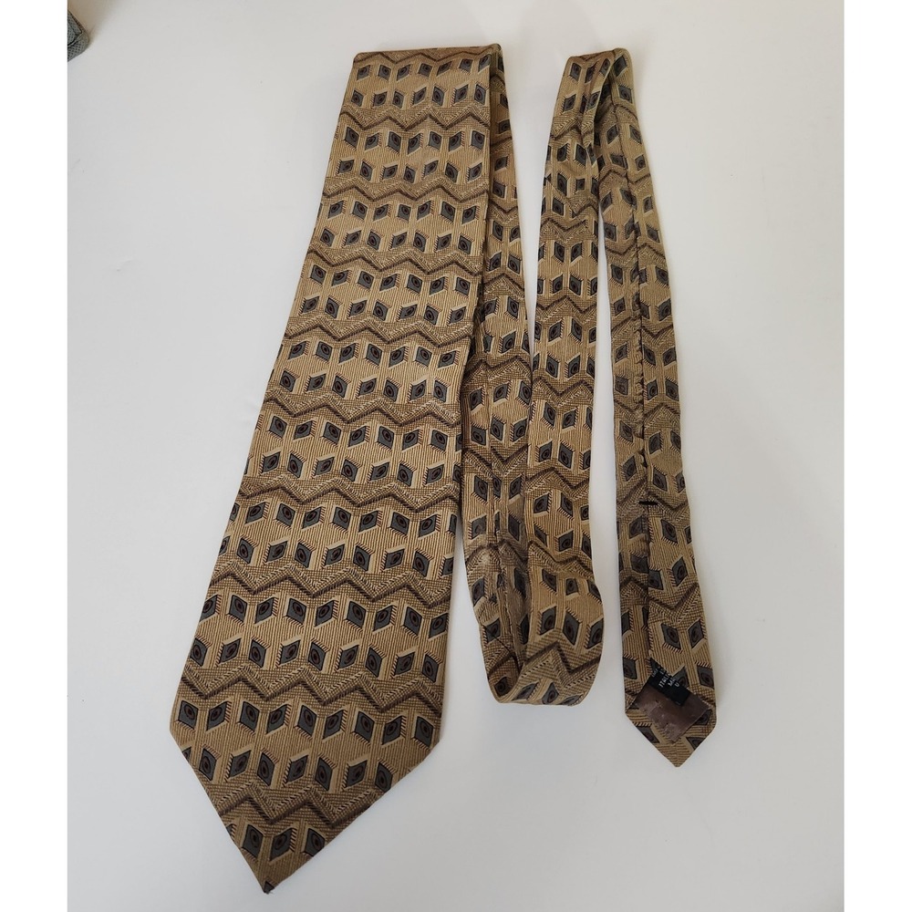 Perry Ellis Portfolio Necktie Tan Geometric 100% Italian Silk